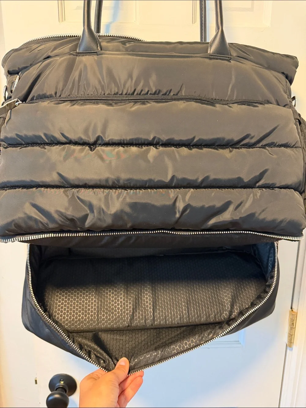 Black Quilted Tote Bag with Top Handles and Detachable Strap
